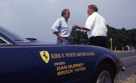 Brock Yates and Dan Gurney with the Cannonball-willing Ferrari 365GTB/4