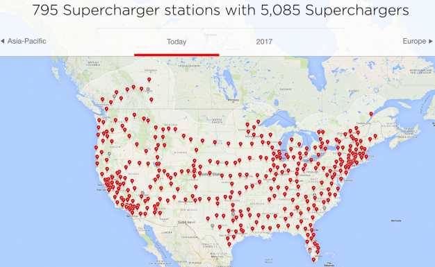 Tesla Supercharger locations, January 2017