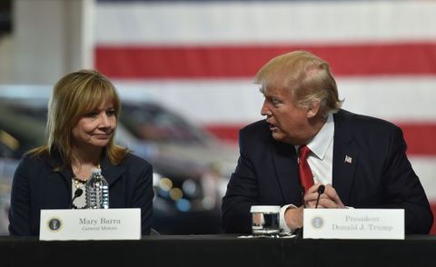 US President Donald Trump delivers remarks at American Center for Mobility in Ypsilanti, Michigan with General Motors CEO Mary Barra and other auto industry executives.