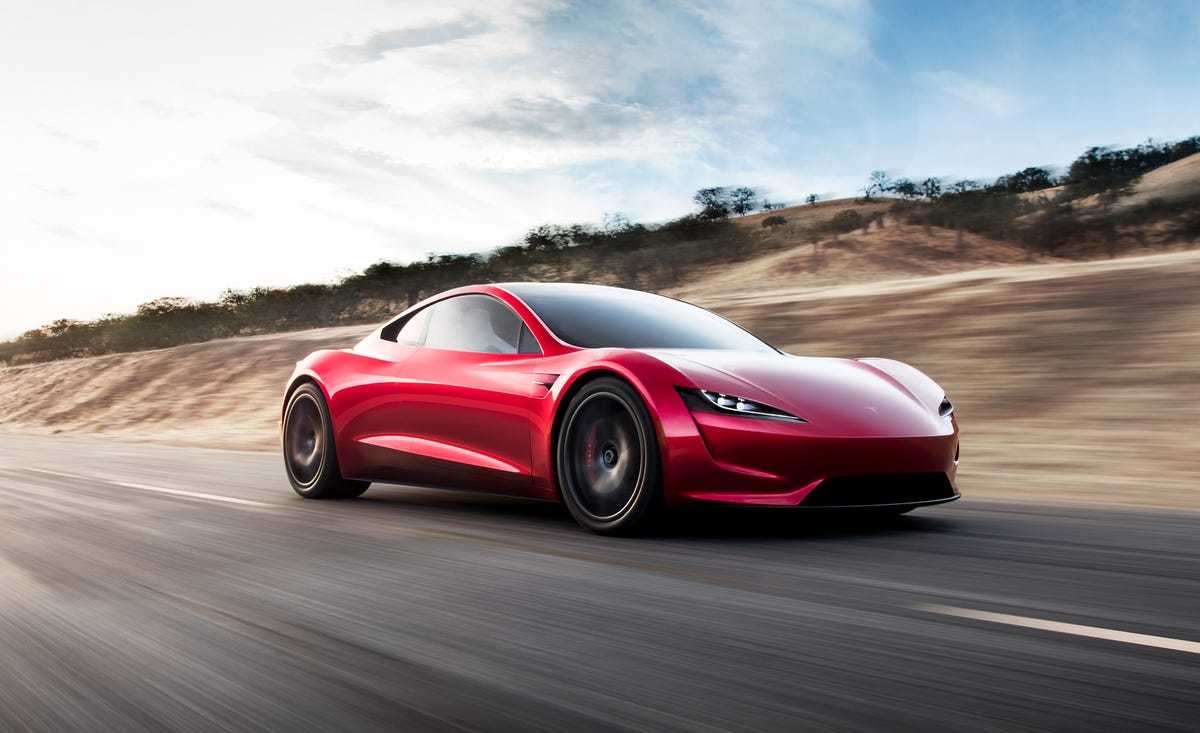 Tesla Roadster 2023 front angle view in red