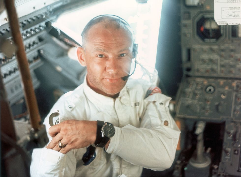 Edwin E. Aldrin Jr on board the Lunar Module during the Apollo 11 lunar landing mission, 20th July 1969