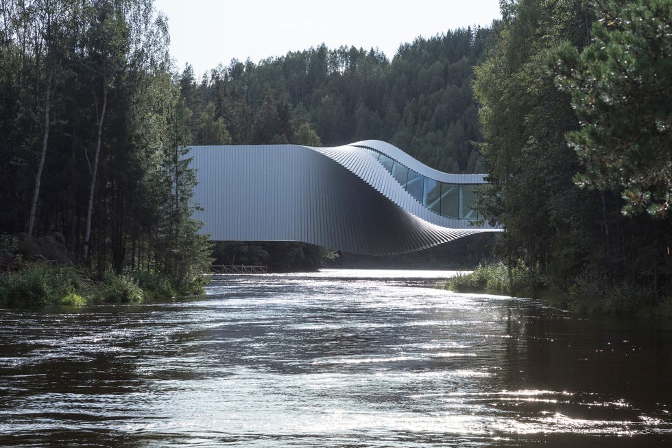 a building with a curved roof surrounded by trees