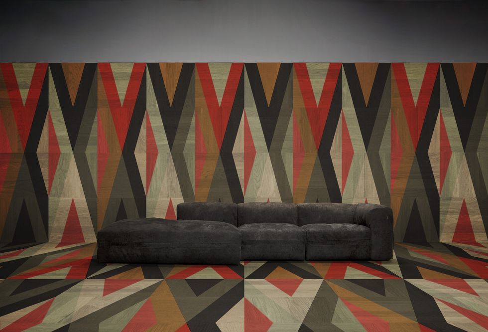 Couch, Furniture, Room, Art, Textile, Living room, Interior design, Triangle, Pattern, Modern art, 