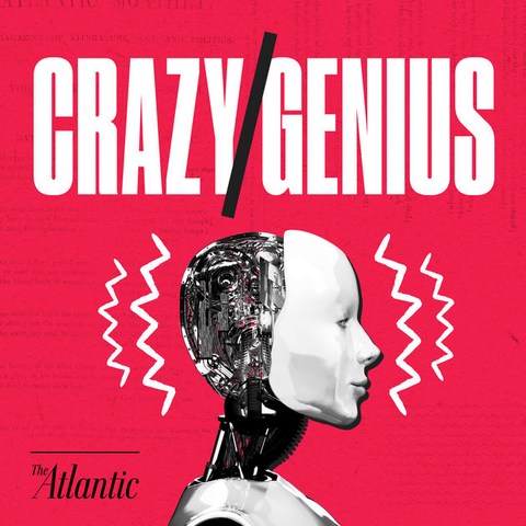 a robot head against a red background with the words "crazygenius"