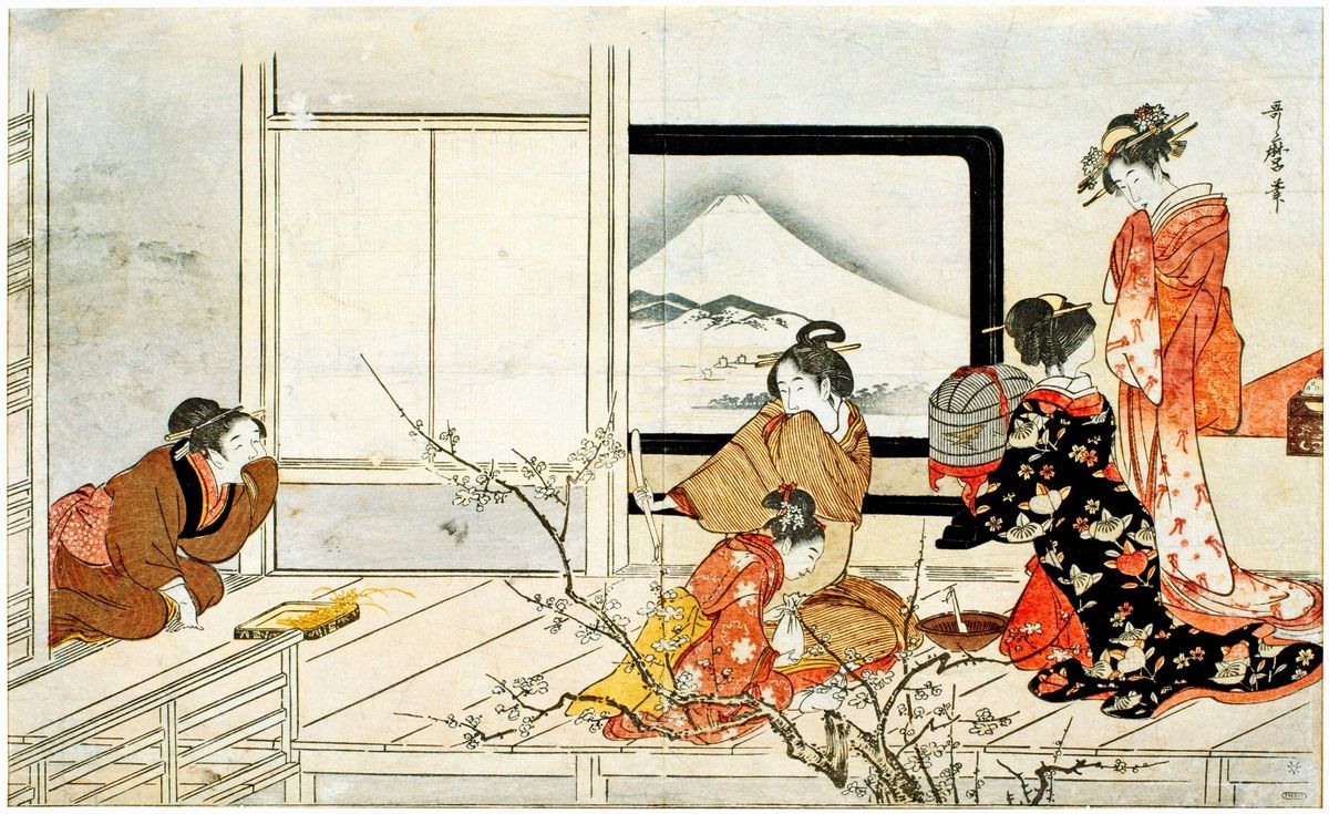 Een groep lachende geishas bereidt een vertrek voor om klanten te ontvangen Door het raam is de berg Fuji te zien