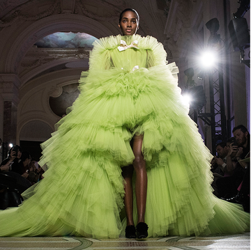 Green, Gown, Dress, Clothing, Haute couture, Fashion, Fashion model, Shoulder, Costume design, Yellow, 