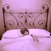 Bed, Furniture, Iron, Bed frame, Bed sheet, Bedroom, Product, Metal, Purple, Pink, 