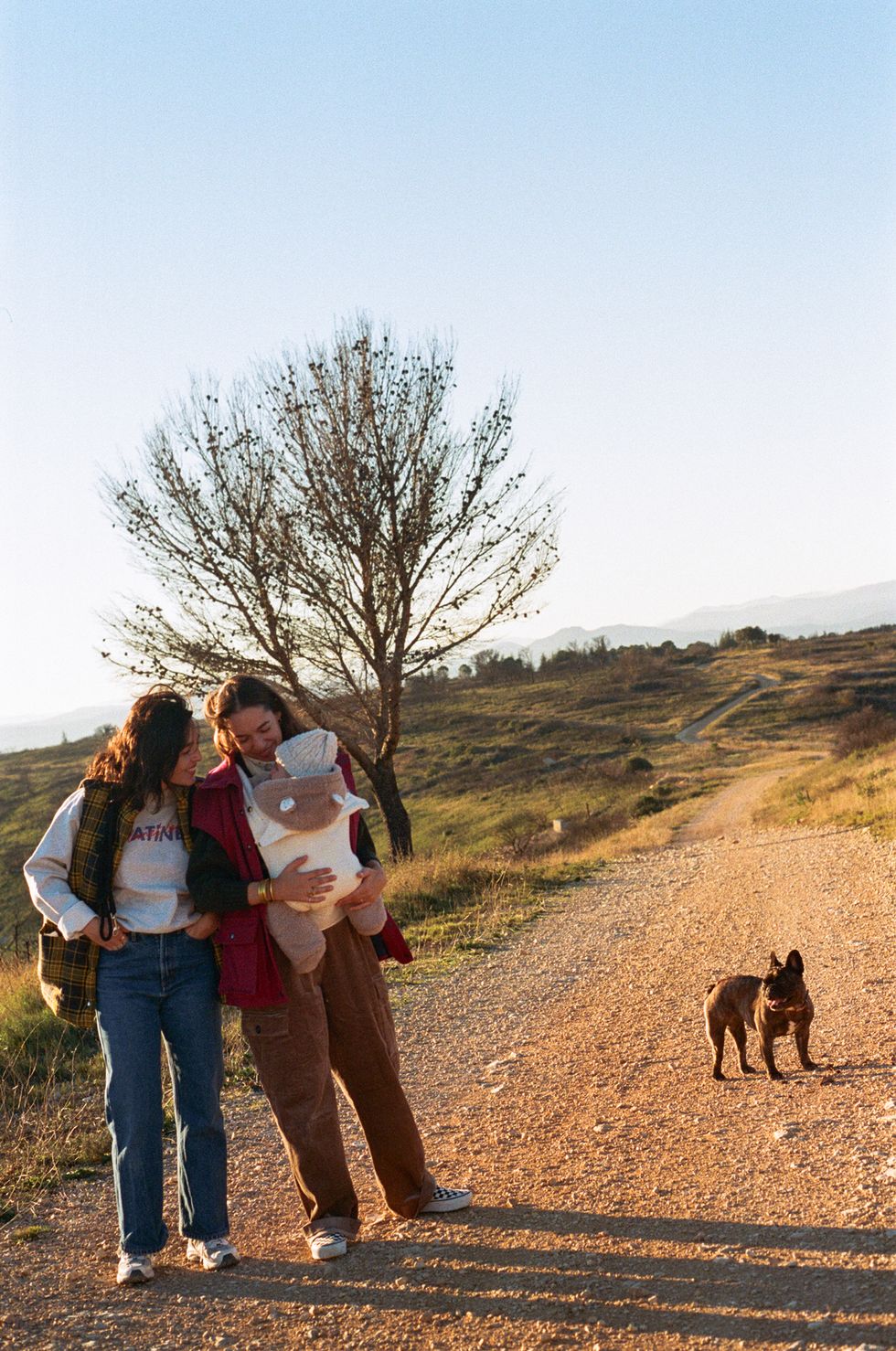a couple of people standing on a dirt road with dogs