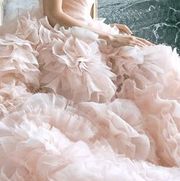 Wedding dress, Gown, Dress, Clothing, Bridal clothing, Ruffle, Bridal party dress, Bride, Embellishment, Textile, 