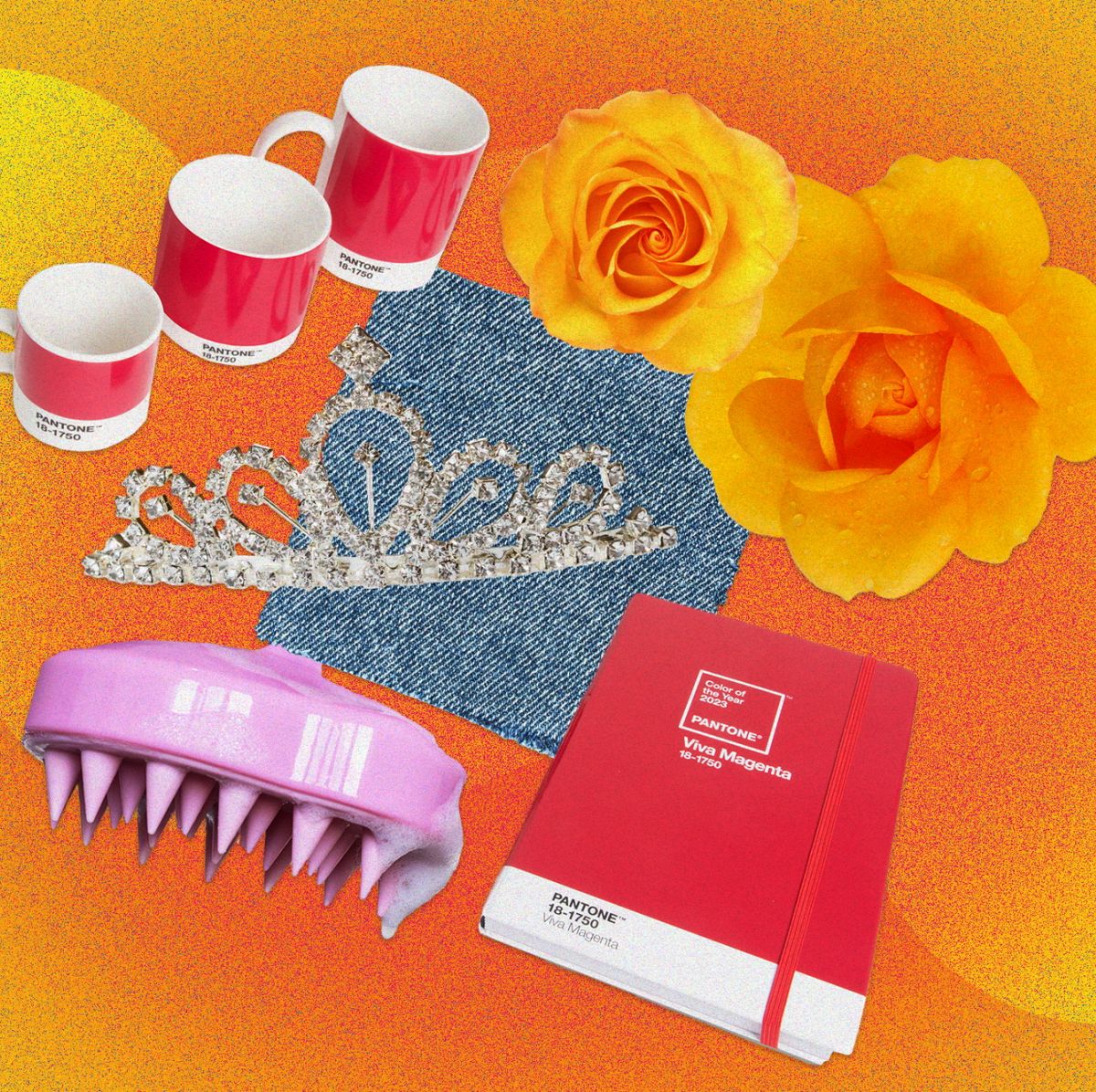 collage of orange flowers and magenta products