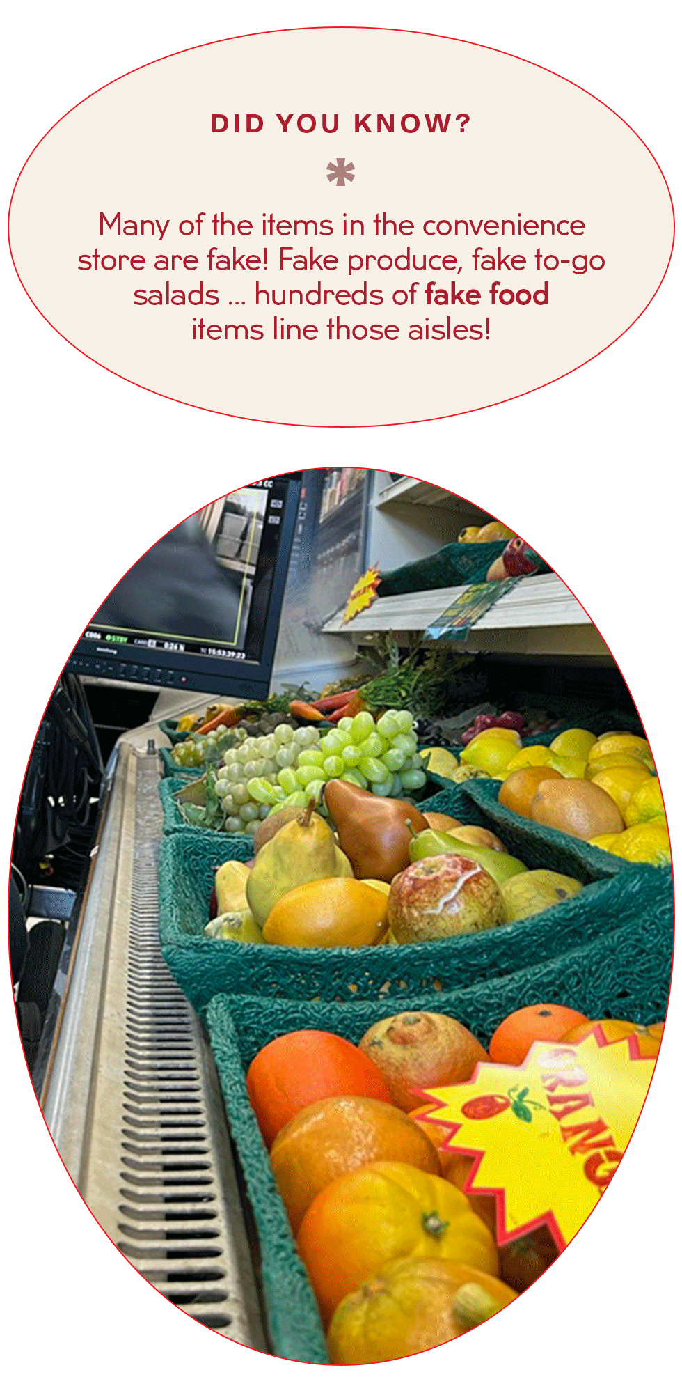 display of fake fruit and vegetables in a store