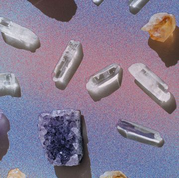 several crystals on a pink background