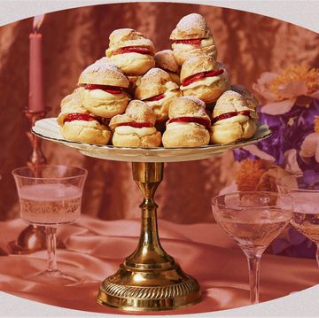 profiteroles with pink peppercorn pastry cream and champagne strawberries