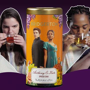 collage of shondaland staffers sipping tea imposed in front of a purple background
