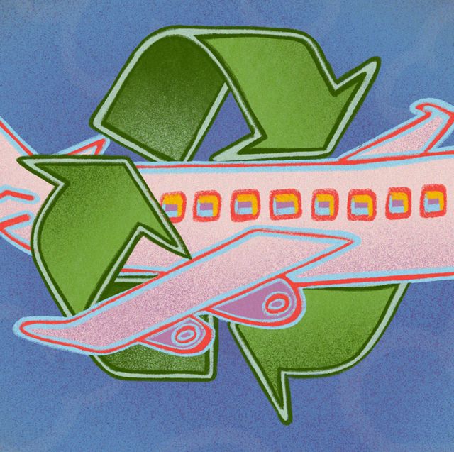 airplane flying through recycling symbol