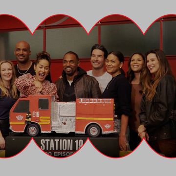 the cast of 'station 19' celebrates the 100th episode