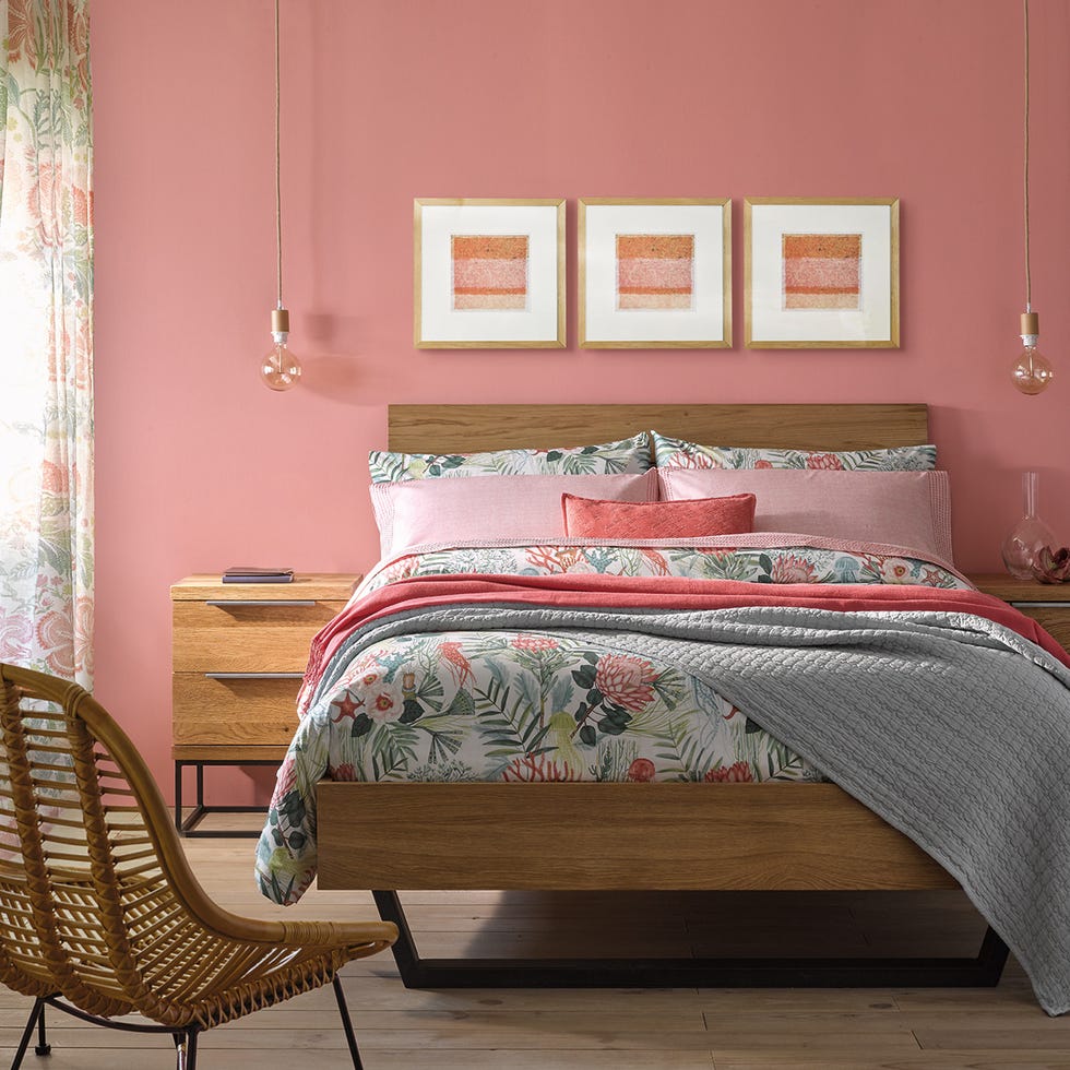 Bedroom, Furniture, Bed, Bedding, Room, Bed sheet, Bed frame, Interior design, Property, Pink, 