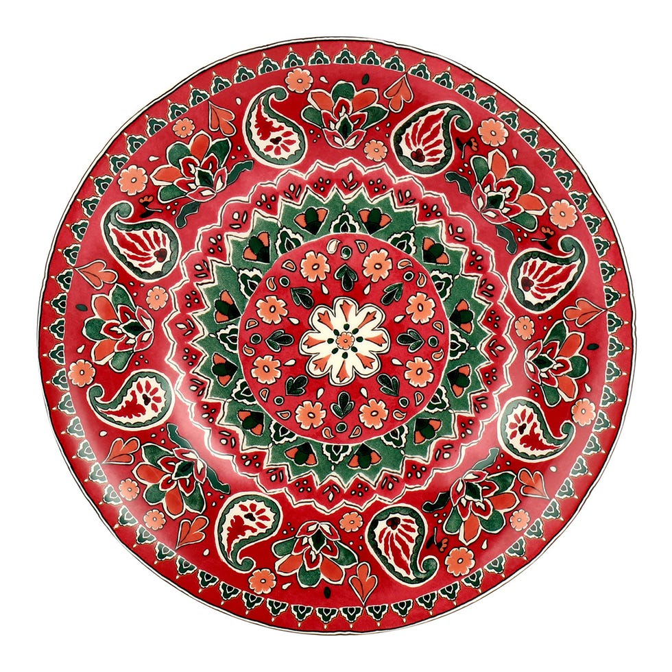 Red, Pattern, Visual arts, Circle, Design, Plate, Rug, Tableware, Textile, Dishware, 