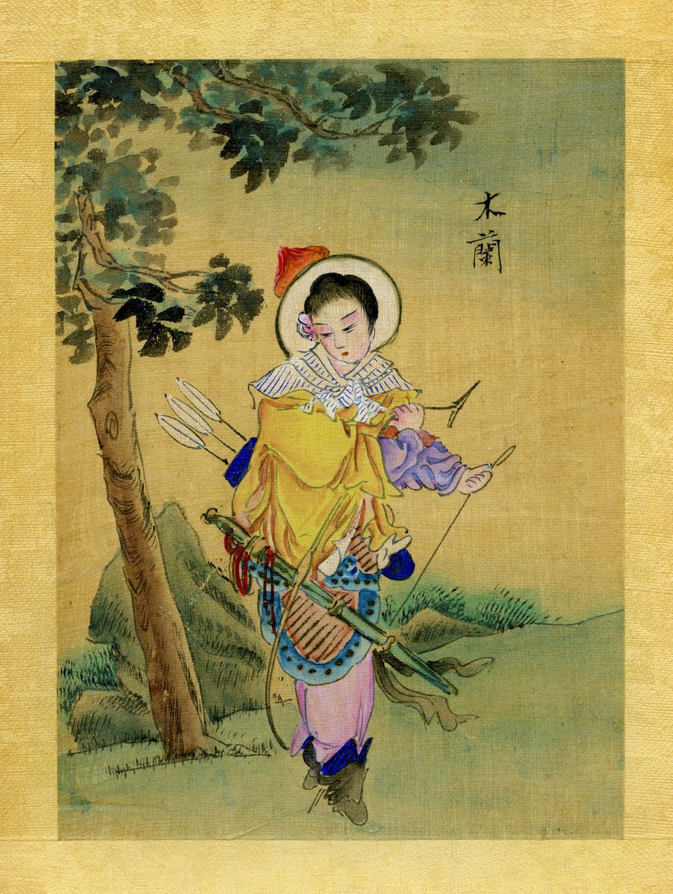 Hua Mulan een legendarische krijgster uit de Chinese folkloreis hier afgebeeld op een negentiendeeeuwse illustratie op zijde In het verhaal van Mulan wordt verteld hoe de heldin zich vermomd als man bij het keizerlijke leger aandient en daar in de vechtkunsten wordt getraind Ze groeit uit tot een vereerd krijgster maar wijst elk eerbetoon af en keert terug naar haar eenvoudige geboortedorp Geschiedkundigen betwijfelen of het verhaal is gebaseerd op historische feiten