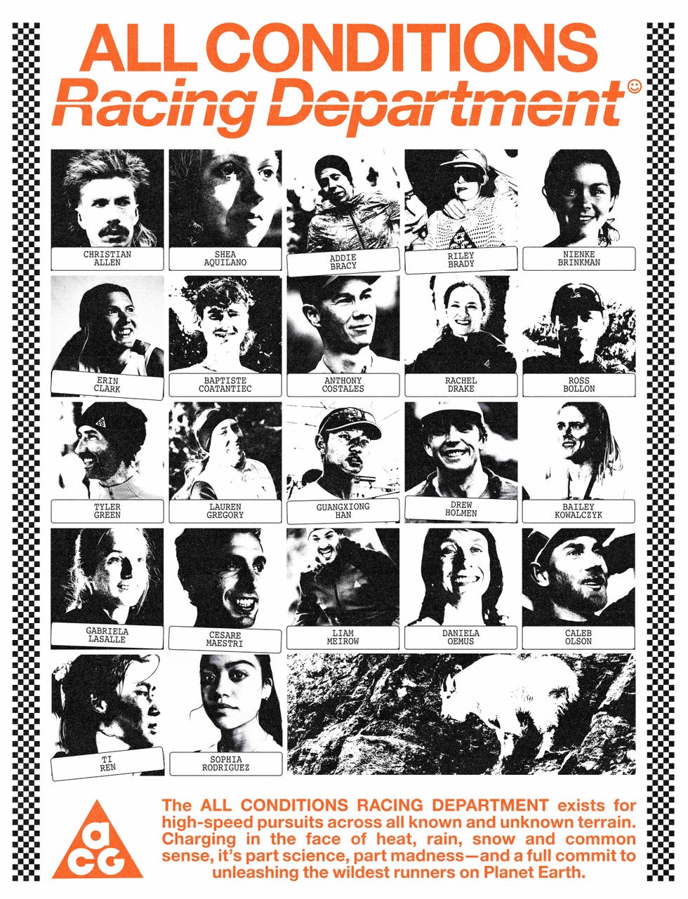 racing team roster with names and obscured faces