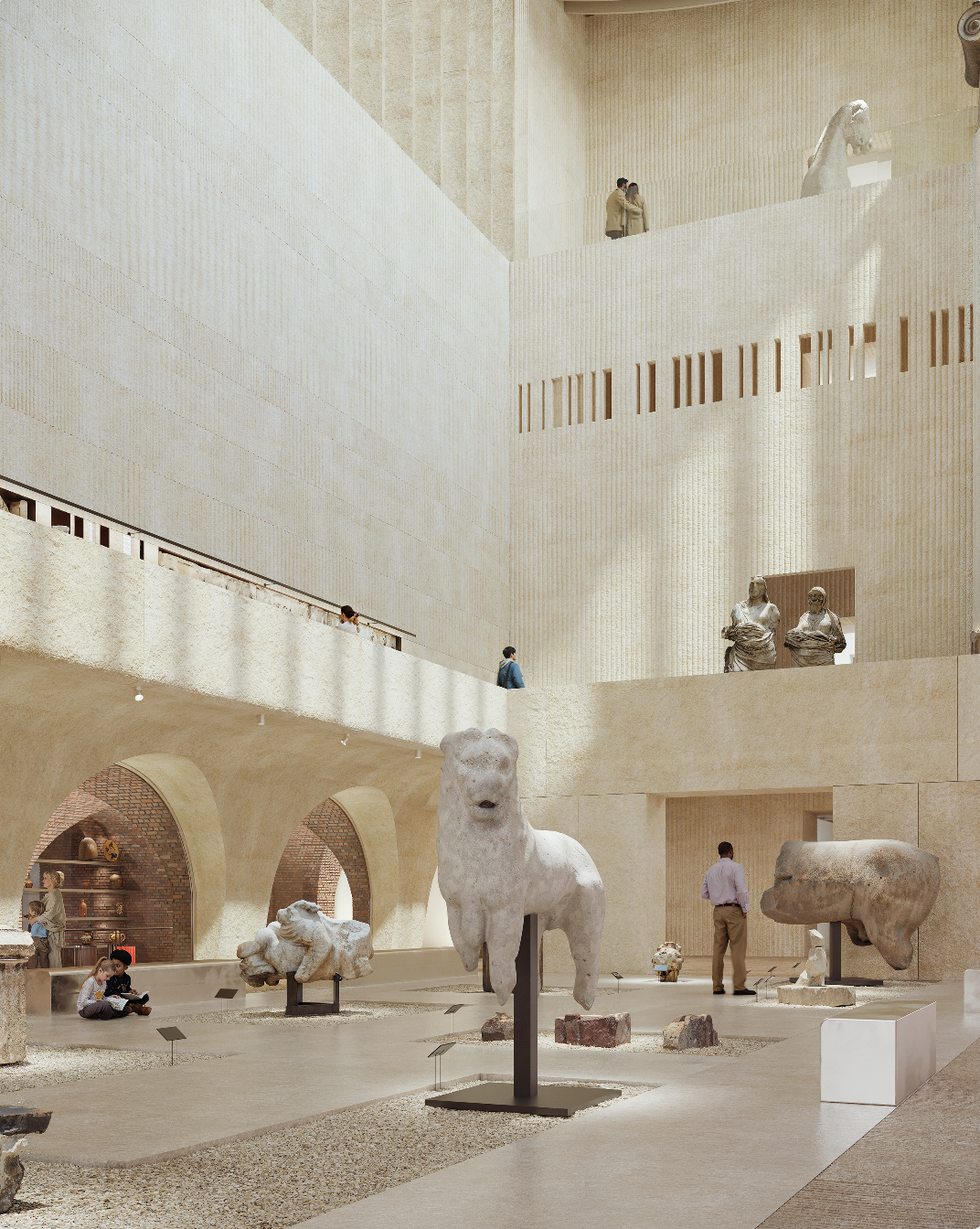 Art gallery featuring sculptures in a spacious, well-lit interior.