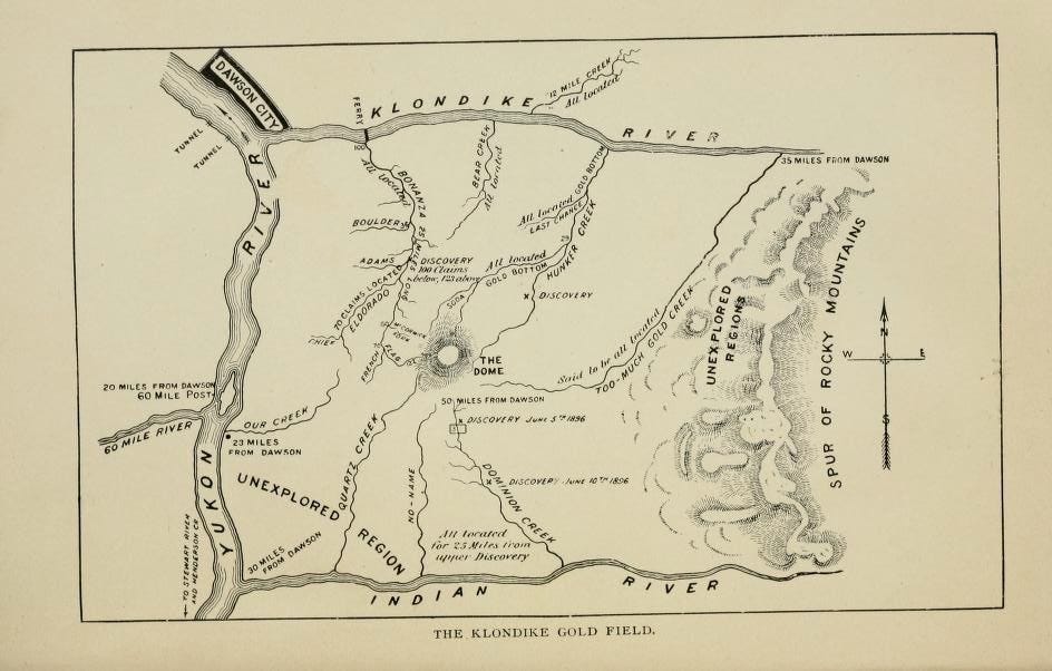 Deze goudzoekerskaart werd gepubliceerd in een gidsje voor Klondikers uit circa 1898
