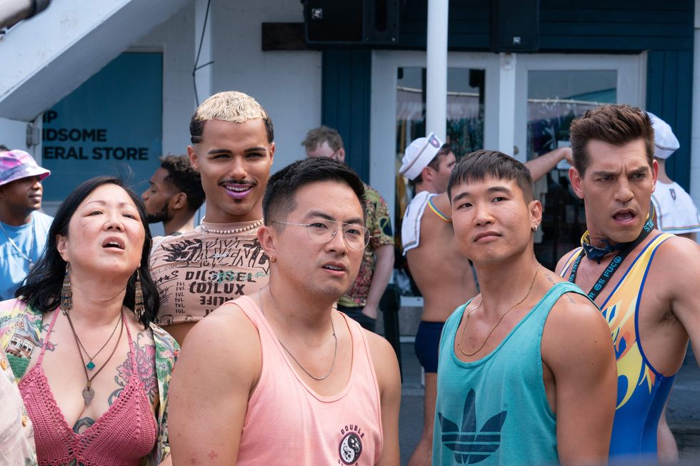 margaret cho tomas matos bowen yang joel kim booster and matt rogers are shown in a promotional photo for ﻿fire island﻿
