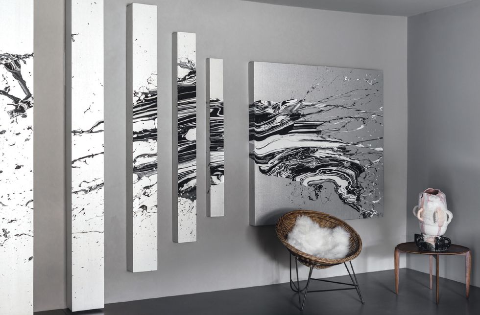 Wall, Room, Tree, Black-and-white, Furniture, Interior design, Shelf, Wallpaper, Art, Branch, 