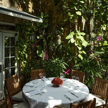 a table with chairs and plants around it