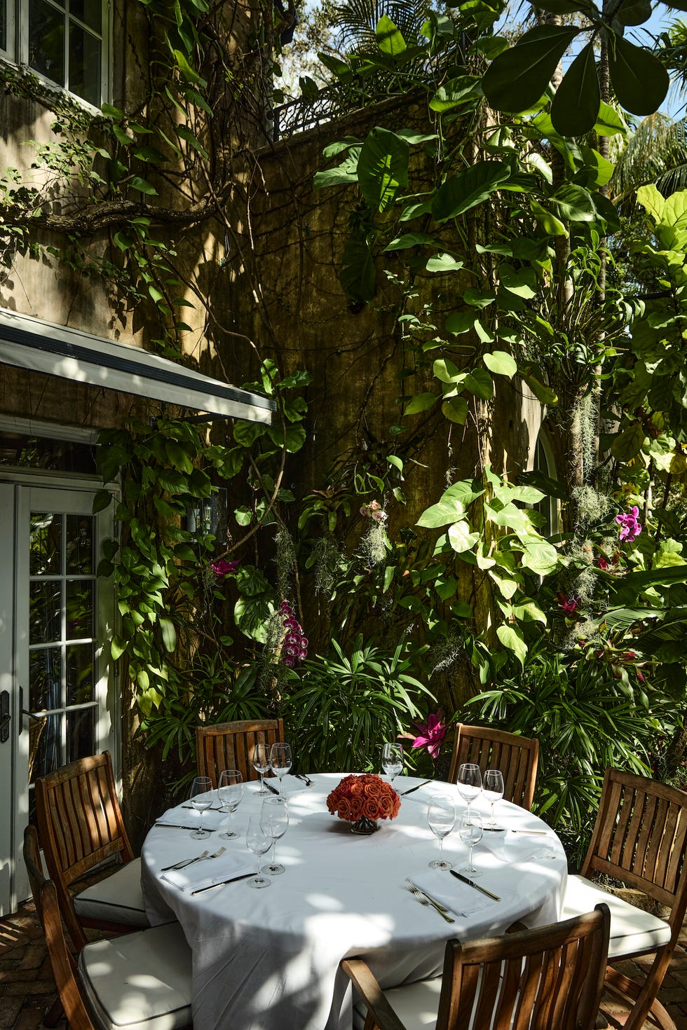 a table with chairs and plants around it