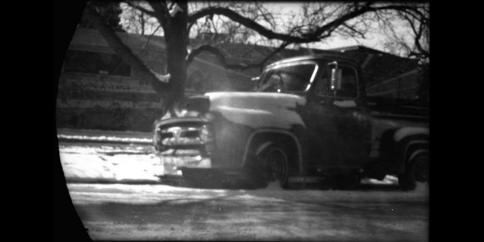 1953 ford f100 photographed with camry side mirror pinhole camera