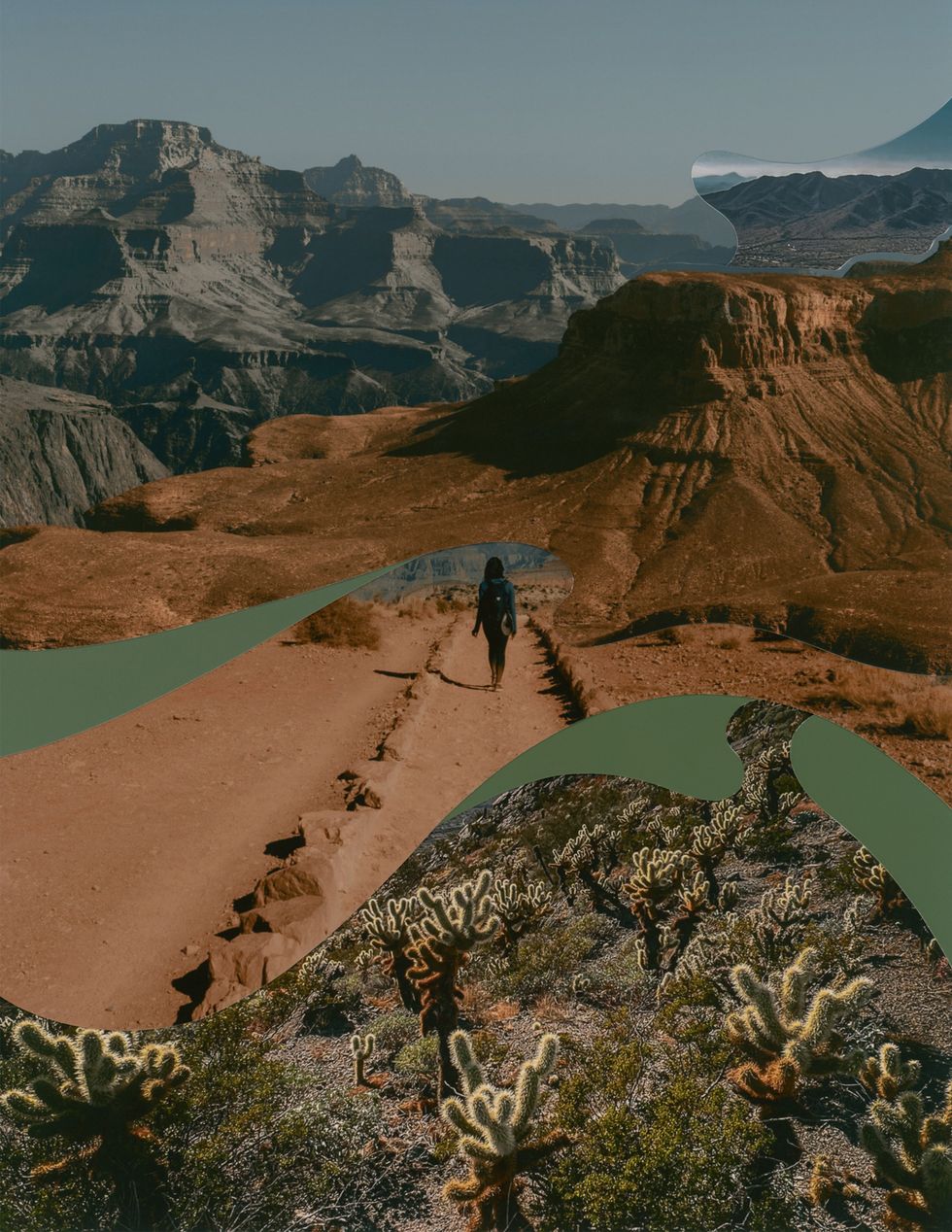 collage of a dessert area, similar to grand canyons, with person walking
