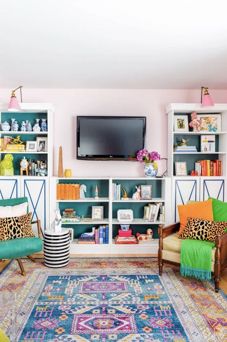 Living room, Room, Furniture, Shelf, Interior design, Turquoise, Property, Yellow, Home, Shelving, 