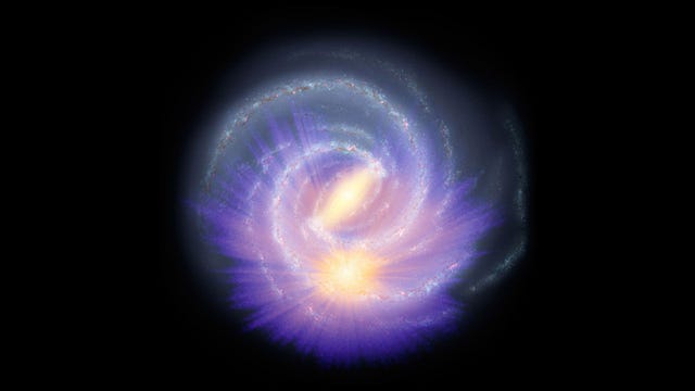 Deze illustratie op basis van gegevens van het ESAruimtevaartuig Gaia toont de distributie van de circa 150 miljoen sterren in de Melkweg waarbij de oranje en gele tinten op de grootste dichtheid aan sterren wijzen Met behulp van de Gaiagegevens hebben onderzoekers nu de precieze ouderdom van enkele van de vroegste sterren in de Melkweg kunnen berekenen
