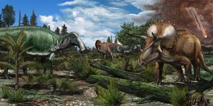 Reconstructie van een spoelvlakte in het NoordAmerika van 66 miljoen jaar geleden toen hier dinosaurirs als de Tyrannosaurus rex de Edmontosaurus en de Triceratops rondwaarden