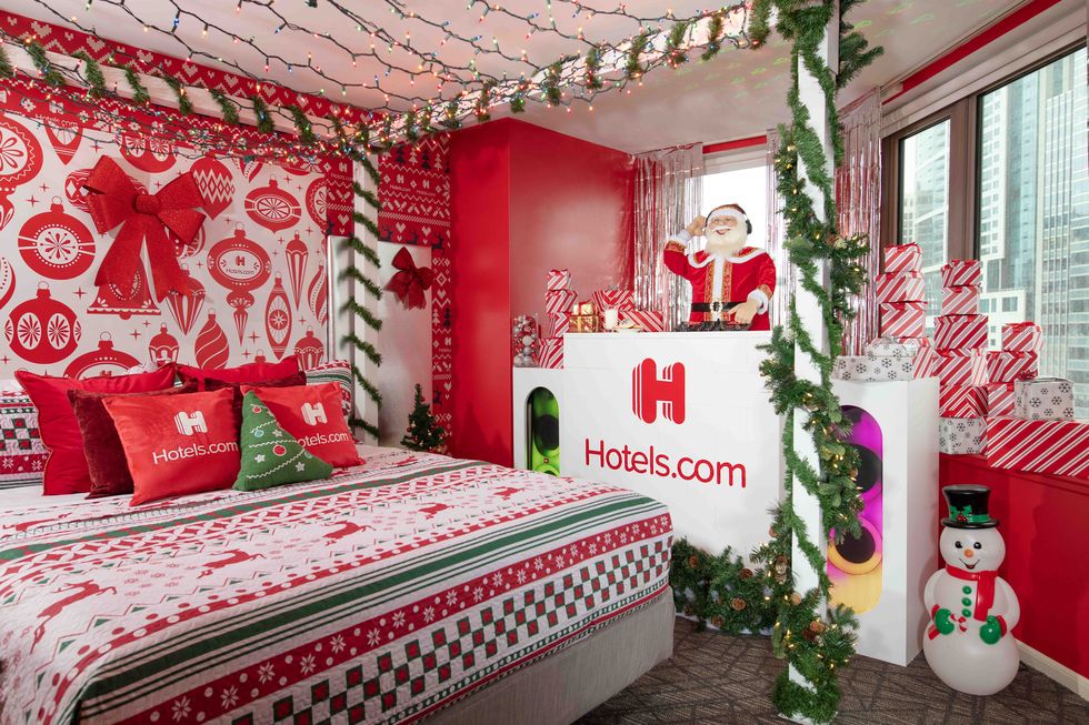 festive hotel room in red and green decor