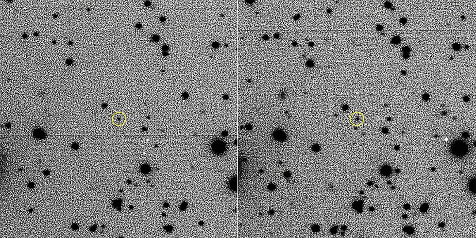 De asterode 2015 BZ509 in het gele cirkeltje in een opname van het Large Binocular Telescope Observatory LBTO Mede dankzij deze beelden kon worden vastgesteld dat de asterode in dezelfde omloopbaan als die van Jupiter rond de zon draait zij het in tegengestelde richting
