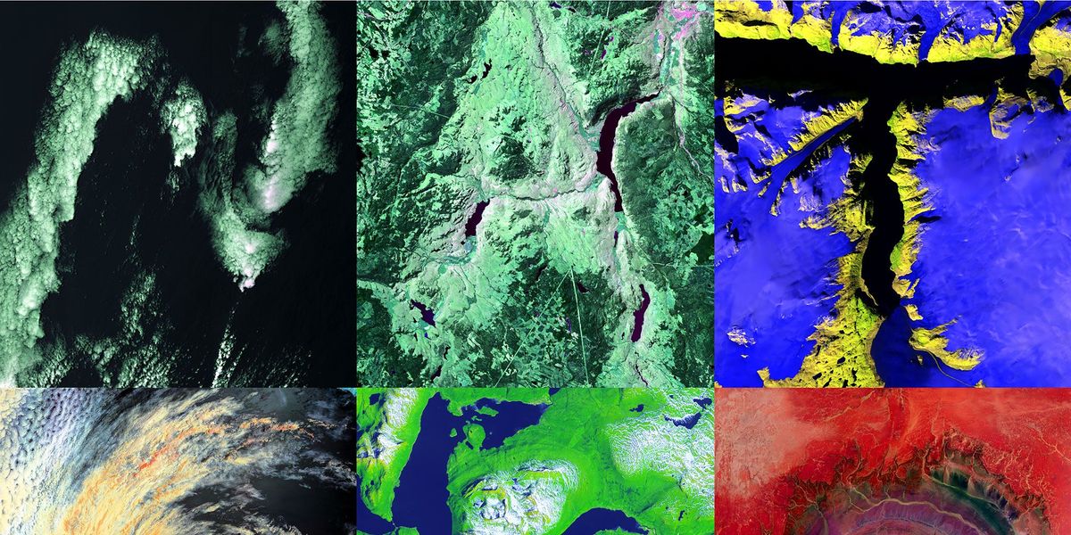 NAT GEO gespeld in satellietfotos van links naar rechts wolken grasland fjorden een tropische storm TK en de geologische dome genaamd Richatstructuur