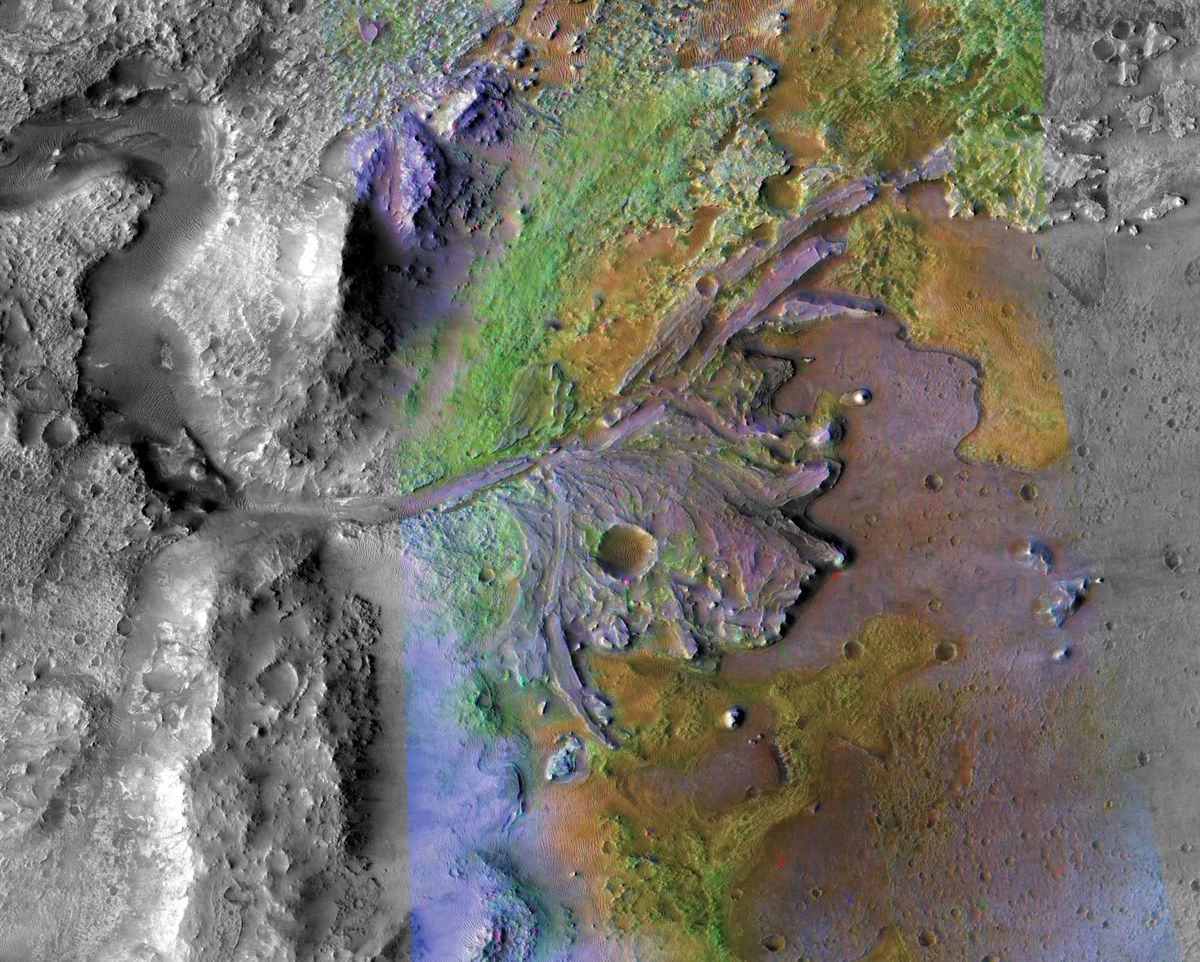 De NASArover Mars 2020 zal volgend jaar in de krater Jezero landen een 45 kilometer brede kom waar volgens wetenschappers ooit een meer lag Op deze composietfoto van opnamen die door twee instrumenten aan boord van de NASAsonde Mars Reconnaissance Orbiter zijn gemaakt is een oeroude rivierdelta in Jezero te zien Wetenschappers kunnen niet wachten om de locatie te onderzoeken op sporen van microbieel leven in een ver verleden