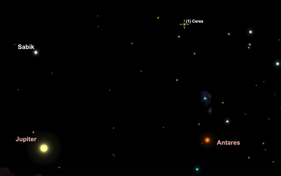 Ga op 28 mei op zoek naar de planetode Ceres die door de sterrenbeelden Slangendrager en Scorpius beweegt