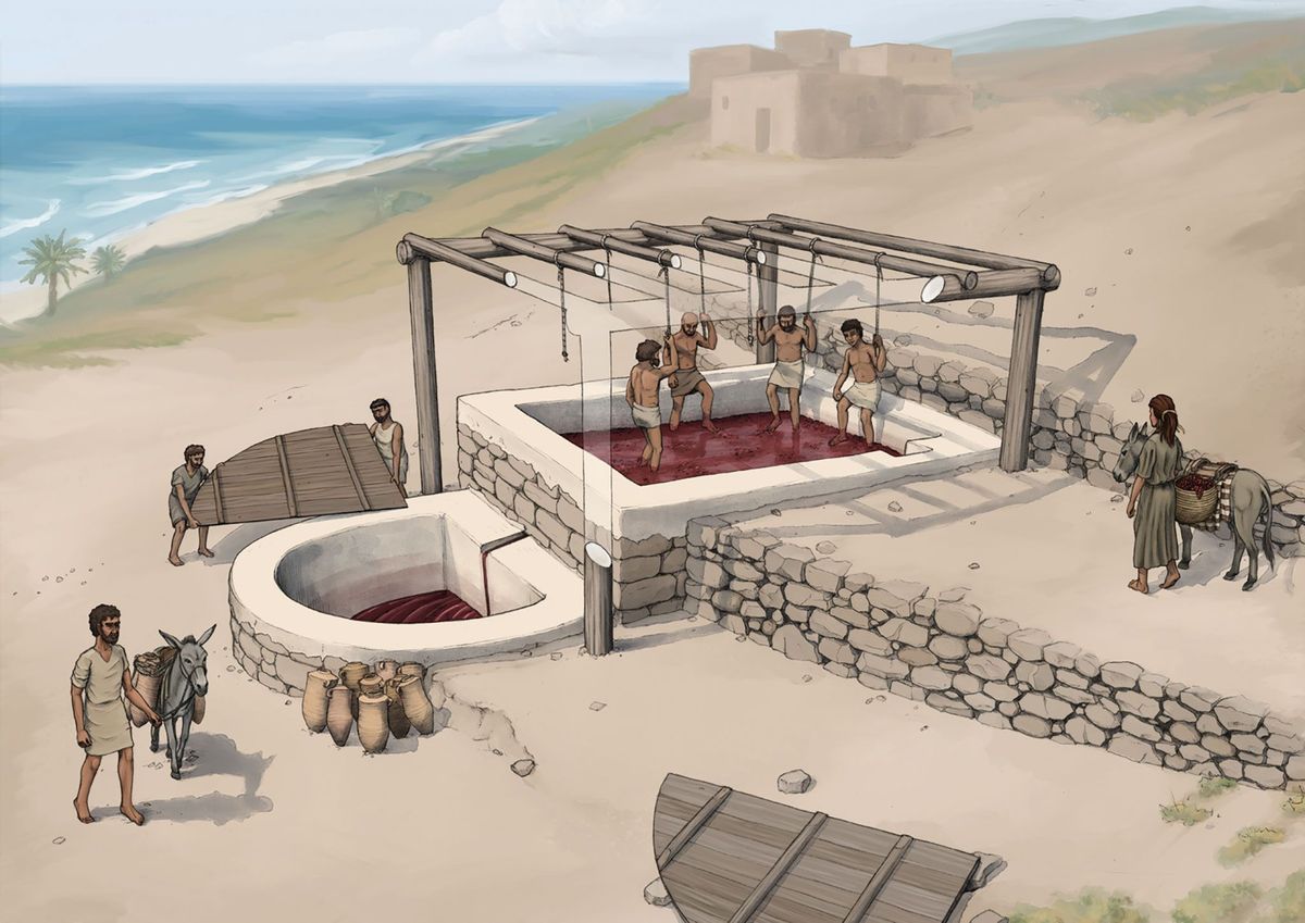 Een reconstructie van een kunstenaar van de wijnpers bij Tell elBurak gezien vanaf het zuidoosten