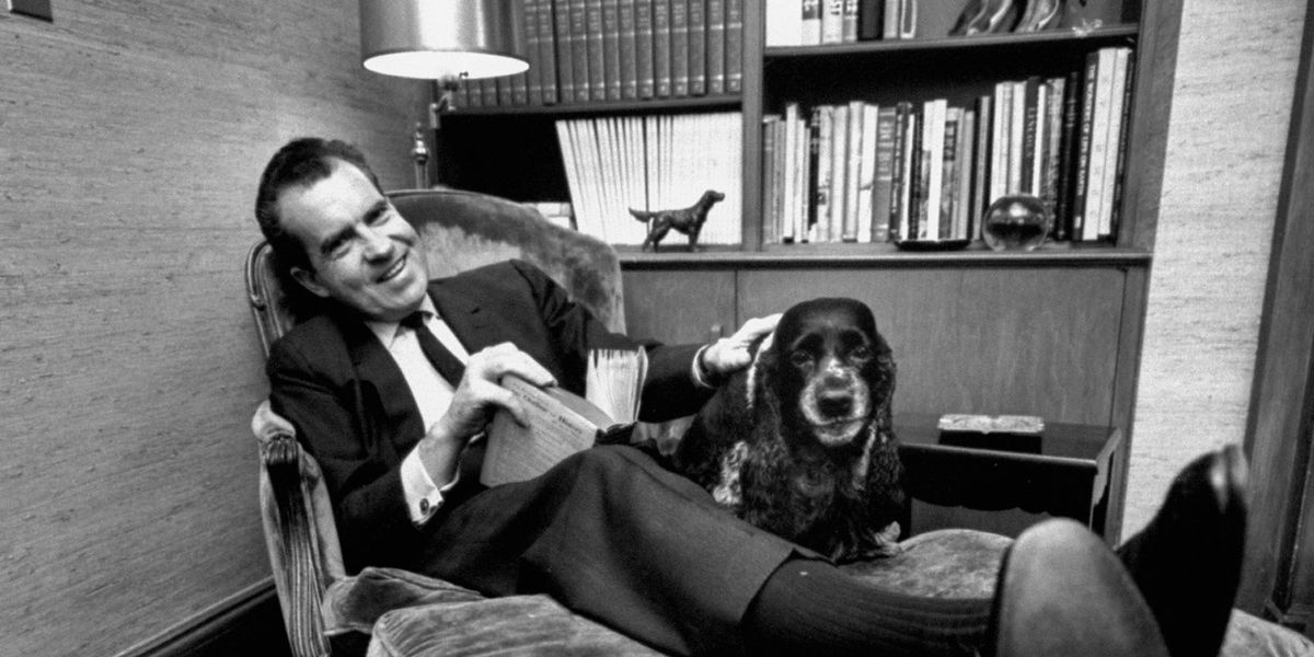 Richard Nixon haalt Checkers aan een hond die hij van een aanhanger had gekregen Nixons baanbrekende landelijke Checkerstoespraak op de Amerikaanse televisie werd naar de hond genoemd