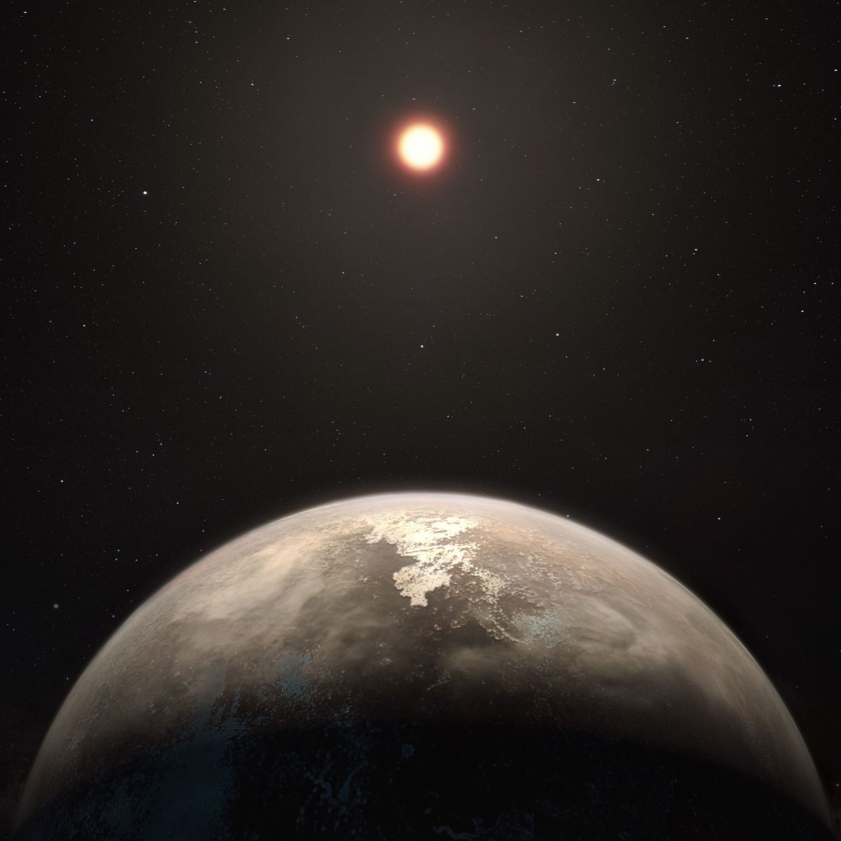 In deze illustratie beschijnt een zwakke rode ster de planeet Ross 128b waar de temperaturen niet te heet of te koud zijn