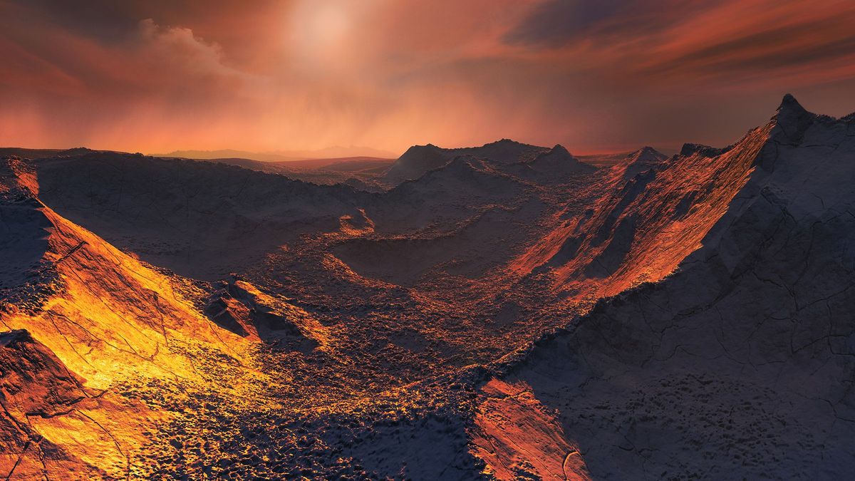 In deze illustratie van de pas ontdekte exoplaneet komt een zwakke rode dwerg op boven een buitenaards landschap