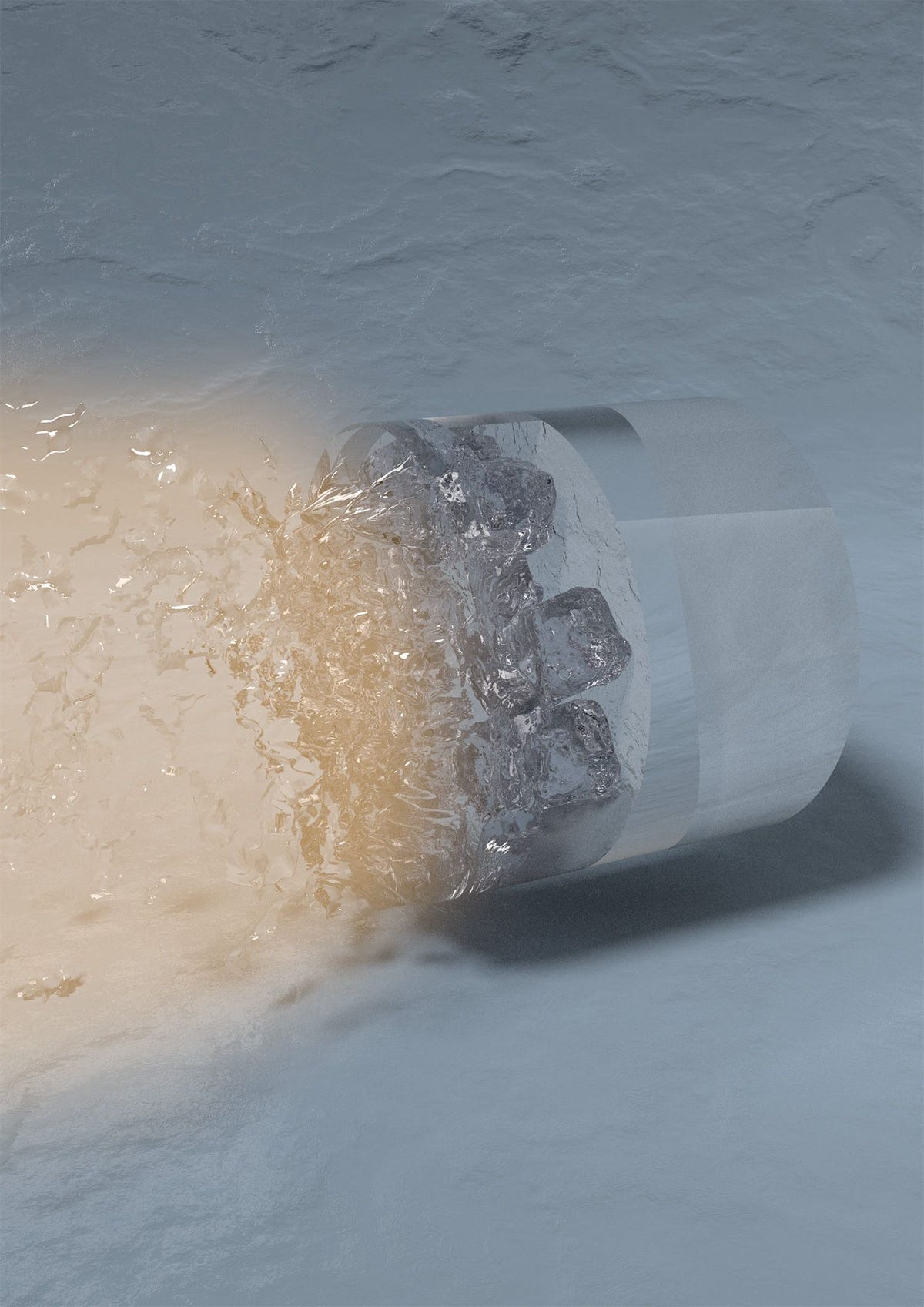 De illustratie toont van links naar rechts hoe zeer krachtige laserbundels op het oppervlak van een diamant worden gericht en een reeks schokgolven veroorzaakt die zich door een eenheid water verspreidt en daarbij het oorspronkelijk vloeibare water samenperst en verhit tot een vorm van superionisch ijs