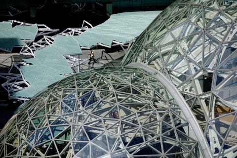 Het gebouw The Spheres dat vorige week werd geopend is een uitbreiding van Amazons hoofdkantoor in Seattle Onder de drie biokoepels groeien circa 40000 planten en werken 800 van de 40000 werknemers van het bedrijf in Seattle Het is een plek om te relaxen van de natuur te genieten vergaderingen te houden  en vernieuwend te denken