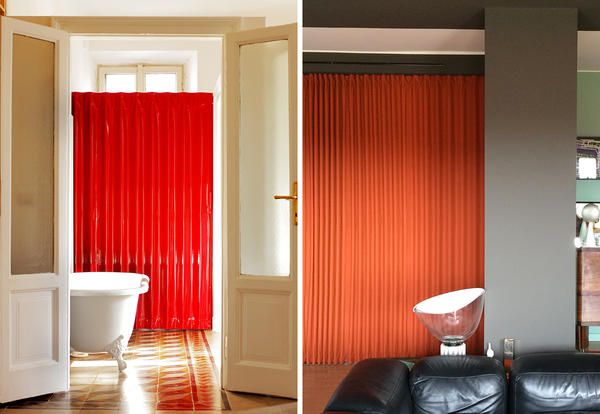 Room, Interior design, Curtain, Orange, Property, Red, Bathroom, Wall, Floor, Window covering, 