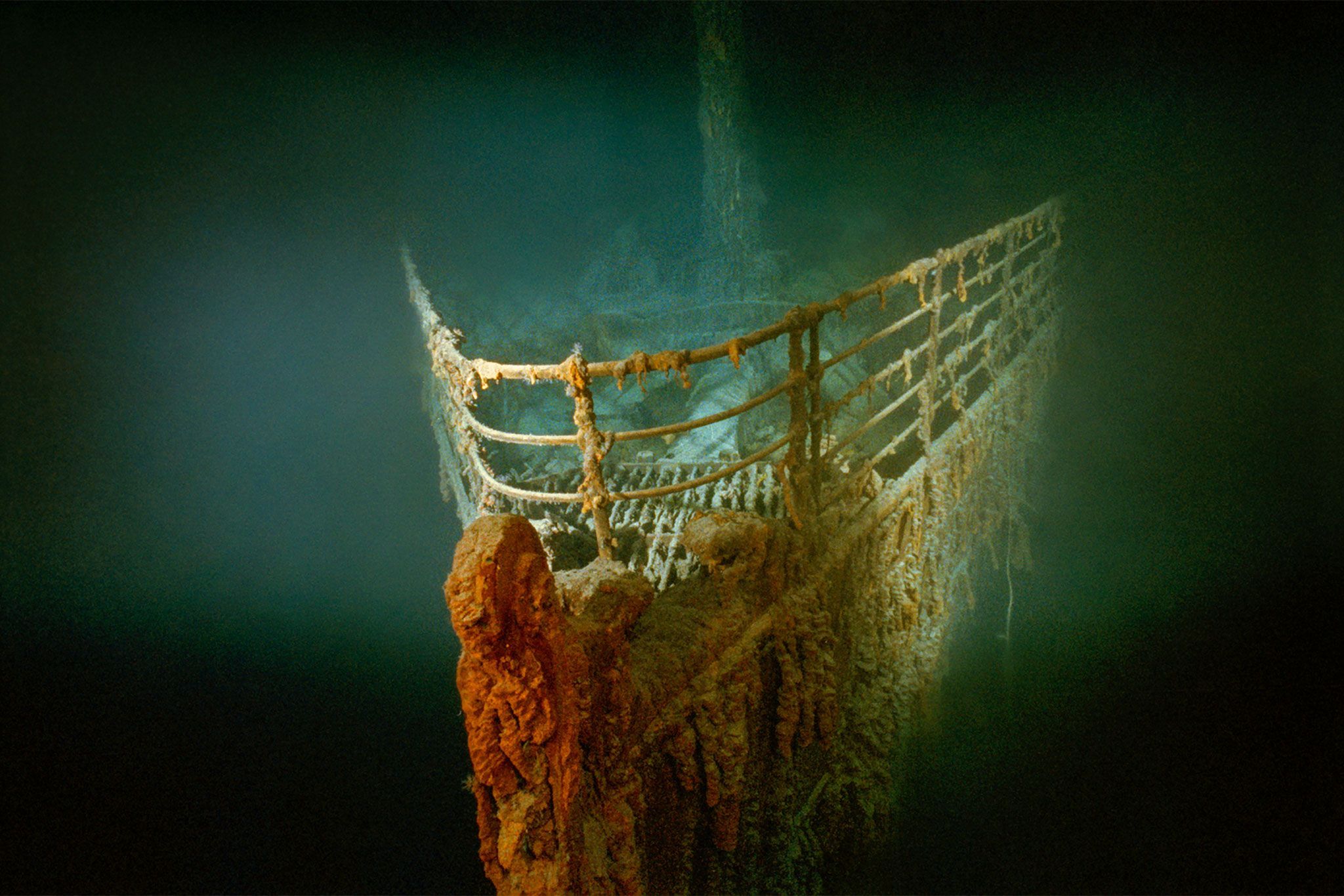De verroeste boeg van deTitanicligt op de bodem van de noordelijke Atlantische Oceaan