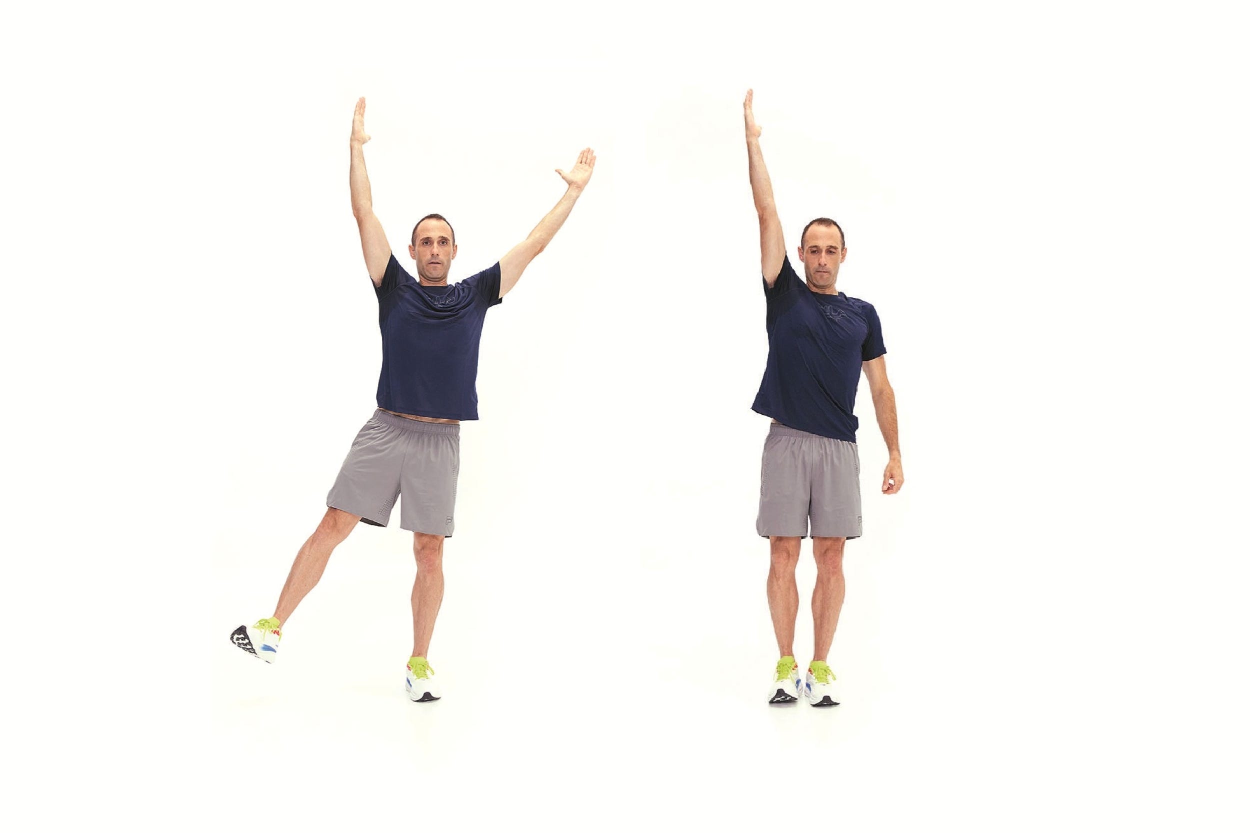 demonstration of an exercise pose with arm raised