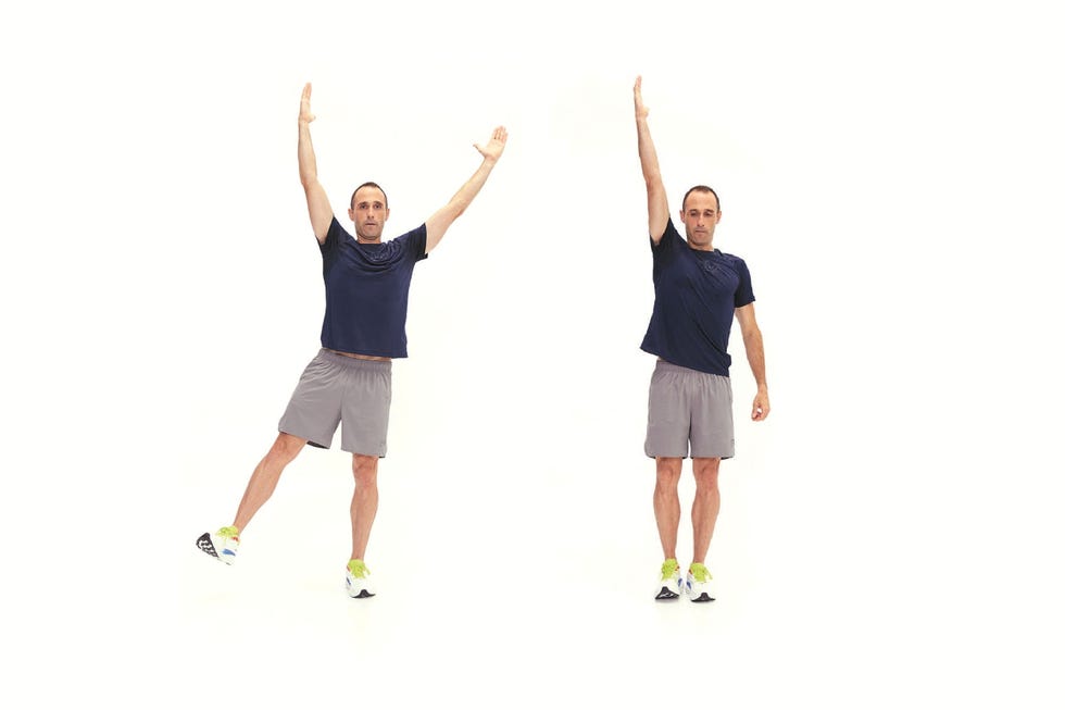 demonstration of an exercise pose with arm raised